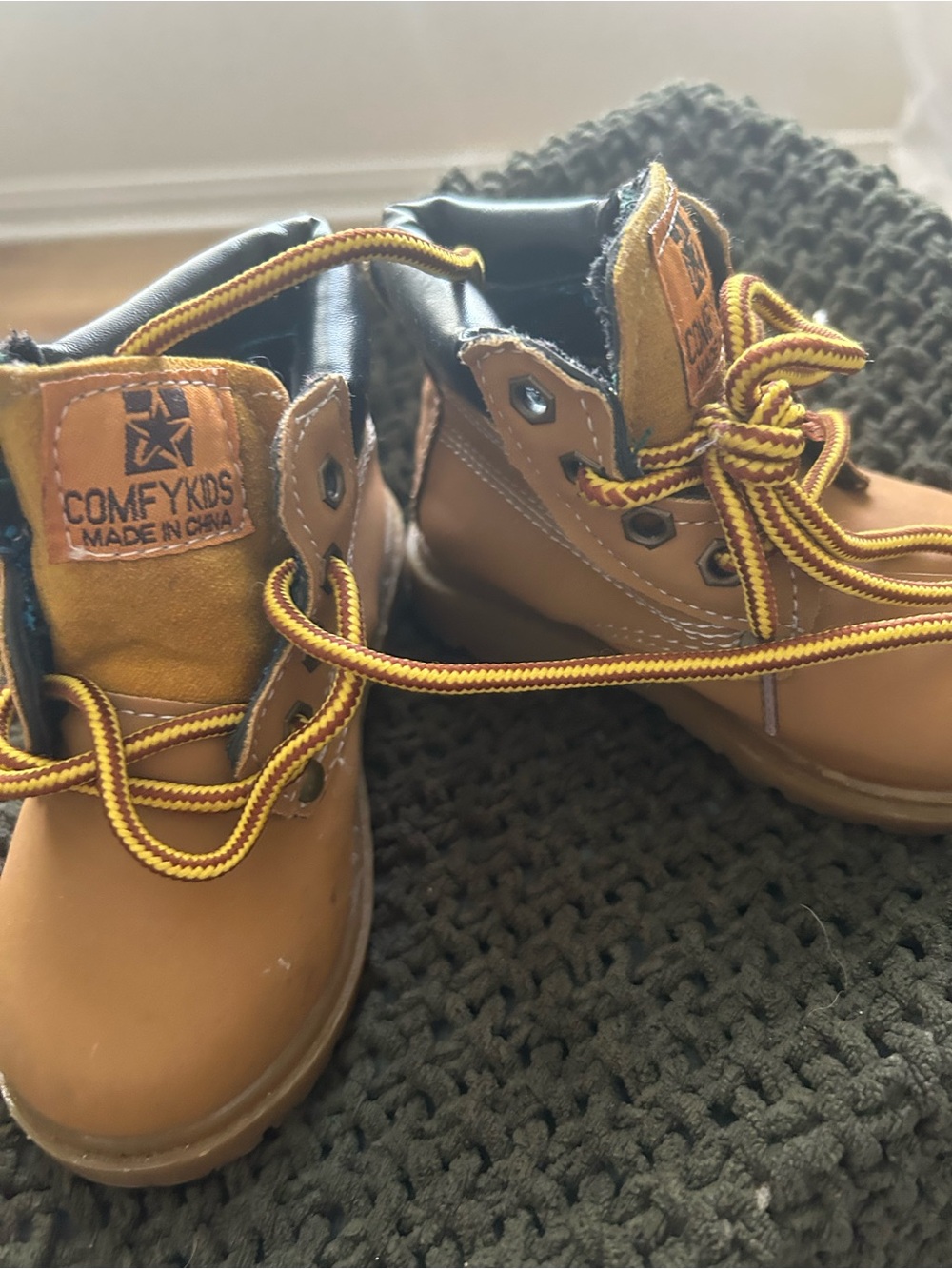 ComfyKids Tan Leather-Look Kids Boots with Yellow Laces